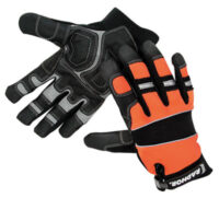 Radnor® Medium Black And Hi-Viz Orange Premium Full Finger Sueded Leather And Spandex Mechanics Gloves With Hook and Loop Cuff, Spandex Back, Neoprene Knuckle And Wrist Pad, Suede Palm, Kevlar® Patch In Thumb Crotch And PVC Grip Patches On Palm And Fingers