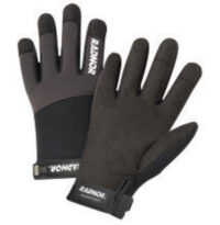 Radnor® Large Black And Gray Full Finger Synthetic Leather By Clarion® And Spandex Light-Duty Mechanics Gloves With Hook And Loop Cuff, Spandex Back And Reinforced Fingertips