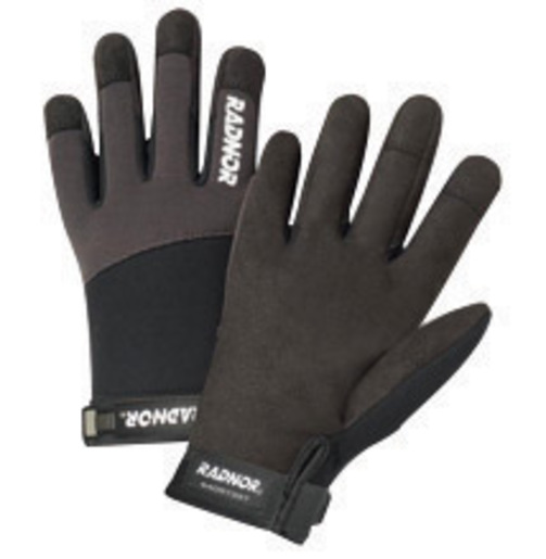 Radnor® 2X Black And Gray Full Finger Synthetic Leather By Clarion® And Spandex Light-Duty Mechanics Gloves With Hook And Loop Cuff, Spandex Back And Reinforced Fingertips