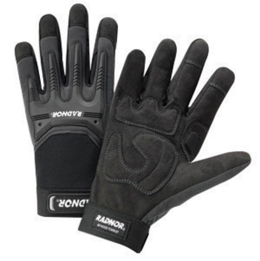 Radnor® Medium Black And Gray Full Finger Synthetic Leather By Clarion® And Spandex Impact Resistant Mechanics Gloves With Hook And Loop Cuff, Spandex Back, Reinforced Fingertips And Saddle, EVA Foam Palm Padding And TPR Knuckle