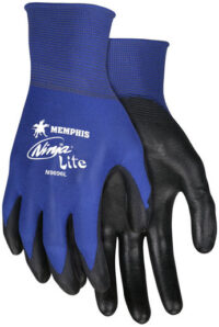 Memphis Large Ninja® Lite 18 Gauge Black Polyurethane Palm And Fingertip Coated Work Gloves With Feather Light Blue Nylon Liner And Knit Wrist