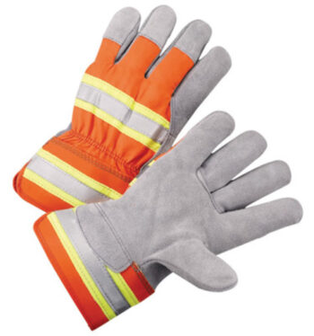 Radnor® Large Select Shoulder Leather Palm Gloves With Rubberized Safety Cuff, Fluorescent Orange Polyester Back And Silver Reflective Tape On Knuckles And Cuff
