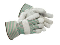 Radnor® Medium Shoulder Grade Split Leather Palm Gloves With Safety Cuff, Striped Canvas Back And Leather Reinforced Knuckle Strap, Pull Tab, Index Finger And Fingertips