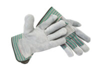 Radnor® Medium Select Shoulder Grade Split Leather Palm Gloves With Rubberized Safety Cuff, Striped Canvas Back And Reinforced Knuckle Strap, Pull Tab, Index Finger And Fingertips