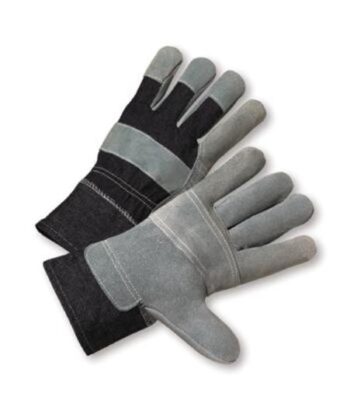 Radnor® Large Economy Grade Split Leather Palm Gloves With Safety Cuff, Denim Back And Leather Palm Patch, Reinforced Knuckle Strap, Pull Tab, Index Finger And Fingertips