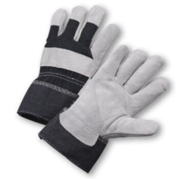 Radnor® Large Economy Grade Split Leather Palm Gloves With Safety Cuff, Denim Back And Reinforced Knuckle Strap, Pull Tab, Index Finger And Fingertips