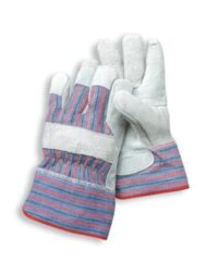 Radnor® Ladies Economy Grade Split Leather Palm Gloves With Safety Cuff, Striped Canvas Back And Reinforced Knuckle Strap, Pull Tab, Index Finger And Fingertips