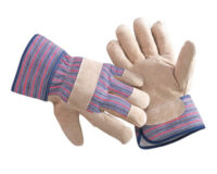 Radnor® Large Economy Grade Split Pigskin Leather Palm Gloves With Safety Cuff, Striped Canvas Back And Reinforced Knuckle Strap, Pull Tab, Index Finger And Fingertips