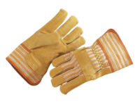 Radnor® Large Premium Grade Split Pigskin Leather Palm Gloves With Rubberized Safety Cuff, Striped Canvas Back And Reinforced Knuckle Strap, Pull Tab, Index Finger And Fingertips