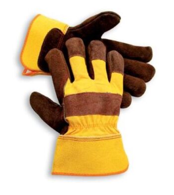 Radnor® Large Premium Select Shoulder Grade Split Leather Palm Gloves With Yellow Rubberized Safety Cuff, Heavy Yellow Canvas Back And Reinforced Index And Middle Finger