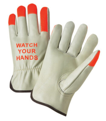 Radnor® Medium Select Grain Cowhide Unlined Drivers Gloves With Keystone Thumb, Shirred Elastic Cuff, Hi-Vis Orange Fingertips And  "Watch Your Hands" Logo On Back
