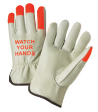 Radnor® X-Large Select Grain Cowhide Unlined Drivers Gloves With Keystone Thumb, Shirred Elastic Cuff, Hi-Vis Orange Fingertips And  "Watch Your Hands" Logo On Back