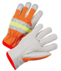Radnor® Small Gray And Hi-Viz Orange Grain Cowhide Unlined Drivers Gloves With Keystone Thumb, Slip-On Cuff And Red Hem