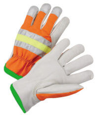 Radnor® Medium Gray And Hi-Viz Orange Grain Cowhide Unlined Drivers Gloves With Keystone Thumb, Slip-On Cuff And Green Hem