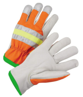 Radnor® Medium Gray And Hi-Viz Orange Grain Cowhide Unlined Drivers Gloves With Keystone Thumb, Slip-On Cuff And Green Hem
