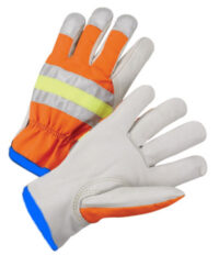 Radnor® X-Large Gray And Hi-Viz Orange Grain Cowhide Unlined Drivers Gloves With Keystone Thumb, Slip-On Cuff And Blue Hem