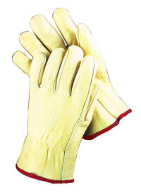 Radnor® Small Grain Cowhide Unlined Drivers Gloves With Straight Thumb, Slip-On Cuff, Red Hem And Shirred Elastic Back