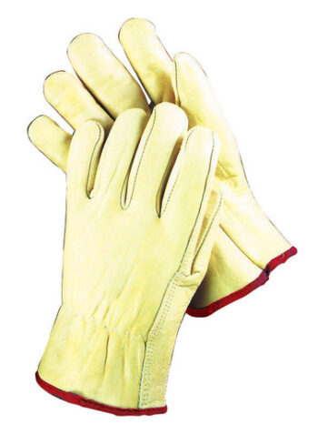 Radnor® Small Grain Cowhide Unlined Drivers Gloves With Straight Thumb, Slip-On Cuff, Red Hem And Shirred Elastic Back