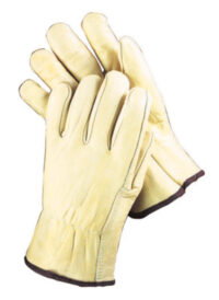 Radnor® Large Grain Cowhide Unlined Drivers Gloves With Straight Thumb, Slip-On Cuff, Brown Hem And Shirred Elastic Back