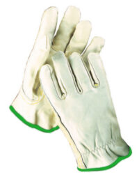 Radnor® Medium Grain Cowhide Unlined Drivers Gloves With Keystone Thumb, Slip-On Cuff, Green Hem And Shirred Elastic Back