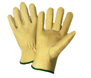 Radnor® Medium Grain Pigskin Unlined Gunn Cut Drivers Gloves With Straight Thumb, Slip-On Cuff, Green Hem And Shirred Elastic Back
