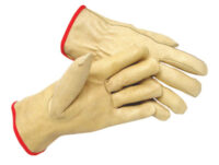 Radnor® Small Premium Grain Pigskin Unlined Drivers Gloves With Keystone Thumb, Slip-On Cuff, Red Hem And Shirred Elastic Back