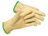 Radnor® Medium Premium Grain Pigskin Unlined Drivers Gloves With Keystone Thumb, Slip-On Cuff, Green Hem And Shirred Elastic Back