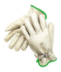 Radnor® Medium Grain Cowhide Unlined Drivers Gloves With Straight Thumb, Wrist Strap Cuff And Green Hem