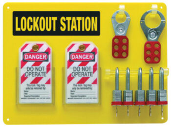 Bradyﾮ Yellow And Black 15 1/2" X 11 1/2" Acrylic Padlock Board Includes (5) Safety Locks, (2) Hasps And (12) Lockout Tags