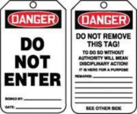 Accuform Signsﾮ 5 3/4" X 3 1/4" 10 mils PF-Cardstock Accident Prevention Safety Tag DANGER DO NOT ENTER With Do Not Remove Tag Warning On Back (25 Per Pack)
