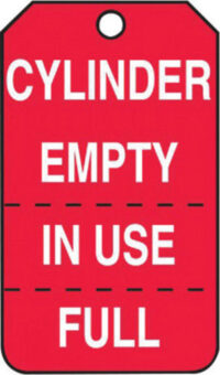 Accuform Signsﾮ 5 3/4" X 3 1/4" White And Red 15 mil RP-Plastic English, Perforated Cylinder Status Tag "CYLINDER EMPTY IN USE/FULL" With Metal Grommeted 3/8" Reinforced Hole (25 Per Pack)