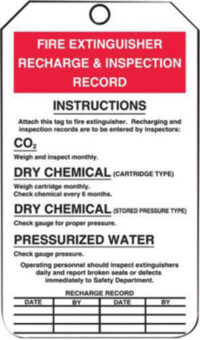 Accuform Signsﾮ 5 3/4" X 3 1/4" Red, Black And White 10 mil PF-Cardstock English Fire Inspection Tag "FIRE EXTINGUISHER RECHARGE AND INSPECTION RECORD" With 3/8" Plain Hole (25 Per Pack)