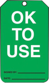 Accuform Signsﾮ 5 3/4" X 3 1/4" White And Green 10 mil PF-Cardstock Equipment Status Tag "OK TO USE" With 3/8" Plain Hole (25 Per Pack)