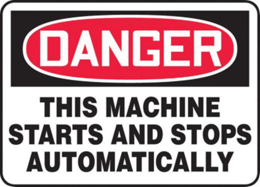 Accuform Signsᆴ 7" X 10" Black, Red And White 0.040" Aluminum Equipment Machinery And Operations Safety Sign "DANGER THIS MACHINE STARTS AND STOPS AUTOMATICALLY" With Round Corner