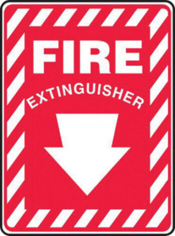 Accuform Signsﾮ 10" X 7" White And Red 0.040" Aluminum Extinguisher Sign "FIRE EXTINGUISHER (With Down Arrow)" With Round Corner