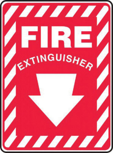 Accuform Signsᆴ 10" X 7" White And Red 0.055" Plastic Extinguisher Sign "FIRE EXTINGUISHER (With Down Arrow)" With 3/16" Mounting Hole And Round Corner