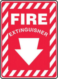 Accuform Signsﾮ 14" X 10" White And Red 0.040" Aluminum Fire And Emergency Sign "FIRE EXTINGUISHER (With Arrow)" With Round Corner