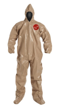 DuPontﾙ Large Tan SafeSPECﾙ 2.0 18 mil Tychemﾮ CPF3 Chemical Protection Coveralls With Taped Seams, Adhesive Storm Flap Over Front Zipper Closure, Standard Fit Hood, Elastic Wrists, And Attached Socks