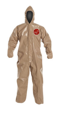 DuPontﾙ Medium Tan SafeSPECﾙ 2.0 18 mil Tychemﾮ CPF3 Chemical Protection Coveralls With Taped Seams, Front Zipper With Storm Flap And Adhesive Closure, Standard Fit Hood, And Elastic Wrists And Ankles