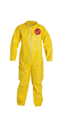 DuPontﾙ Large Yellow SafeSPECﾙ 2.0 10 mil Tychemﾮ QC Chemical Protection Coveralls With Serged Seams, Front Zipper Closure, Laydown Collar, And Open Wrists And Ankles