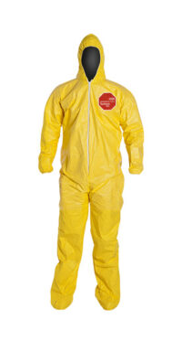DuPontﾙ Large Yellow SafeSPECﾙ 2.0 10 mil Tychemﾮ QC Chemical Protection Coveralls With Serged Seams, Front Zipper Closure, Standard Fit Hood, Elastic Wrists, And Attached Socks