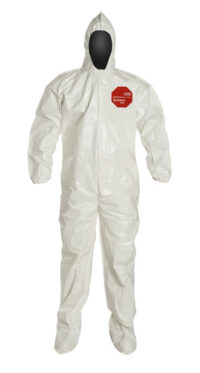 DuPontﾙ Large White SafeSPECﾙ 2.0 12 mil Tychemﾮ SL Saranexﾙ 23-P Film Laminated Chemical Protection Coveralls With Bounds Seams, Adhesive Storm Flap Over Front Zipper, Standard Fit Hood, Elastic Wrists, And Attached Socks