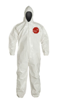 DuPontﾙ 2X White SafeSPECﾙ 2.0 12 mil Tychemﾮ SL Saranexﾙ 23-P Film Laminated Chemical Protection Coveralls With Bound Seams, Front Zipper With Storm Flap And Adhesive Closure, Attached Hood, And Elastic Wrists And Ankles