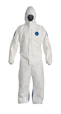 DuPontﾙ 2X White And Blue TD127S WB 5.9 mils Tyvekﾮ And ProShieldﾮ Chemical Protection Coveralls With Serged Seams, Storm Flap Over Front Zipper Closure, Hood, Elastic Wrist And Ankle