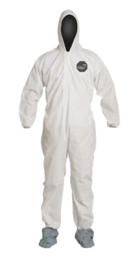 DuPontﾙ 2X White SafeSPECﾙ 2.0 ProShieldﾮ Basic Disposable Chemical Protection Coveralls With Front Zipper With Storm Flap Closure, Serged Seams, Standard Fit Hood, Elastic Wrists, And Attached Skid Resistant Boots