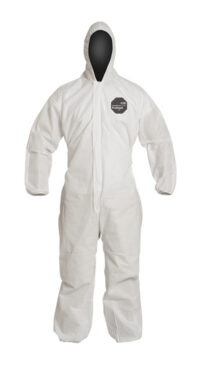 DuPontﾙ 3X White SafeSPECﾙ 2.0 ProShieldﾮ Basic Disposable Chemical Protection Coveralls With Front Zipper With Storm Flap Closure, Serged Seams, Standard Fit Hood, Elastic Wrists, And Attached Skid Resistant Boots