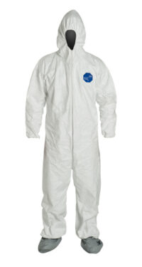 DuPontﾙ X - Large White Safespecﾙ Tyvekﾮ Flash Spun Polyethylene Disposable Coveralls With Front Zipper Closure, Respirator Fit Hood, Elastic Waist, Skid Resistant Boots And Serged Seams