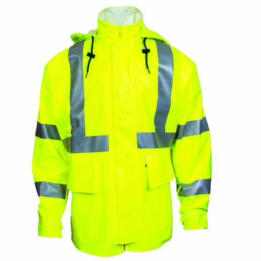 National Safety Apparel 2X Hi-Viz Yellow 30" ARC H2Oル FR  Polyurethane And Cotton Rain Jacket With Front Zipper And Snap Closure And 2" Reflective Trim