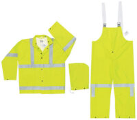 MCR Safetyﾮ Lime Luminatorﾙ .38 mm Polyester And PVC 3-Piece Rain Suit With Hi Viz Stripes, Detachable Hood And Bib Pants