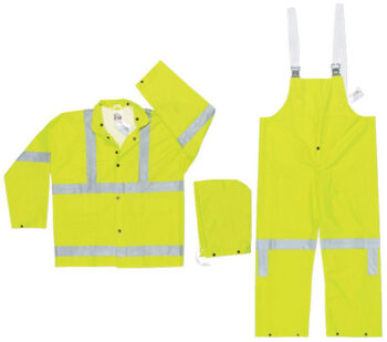 MCR Safetyﾮ Lime Luminatorﾙ .38 mm Polyester And PVC 3-Piece Rain Suit With Hi Viz Stripes, Detachable Hood And Bib Pants